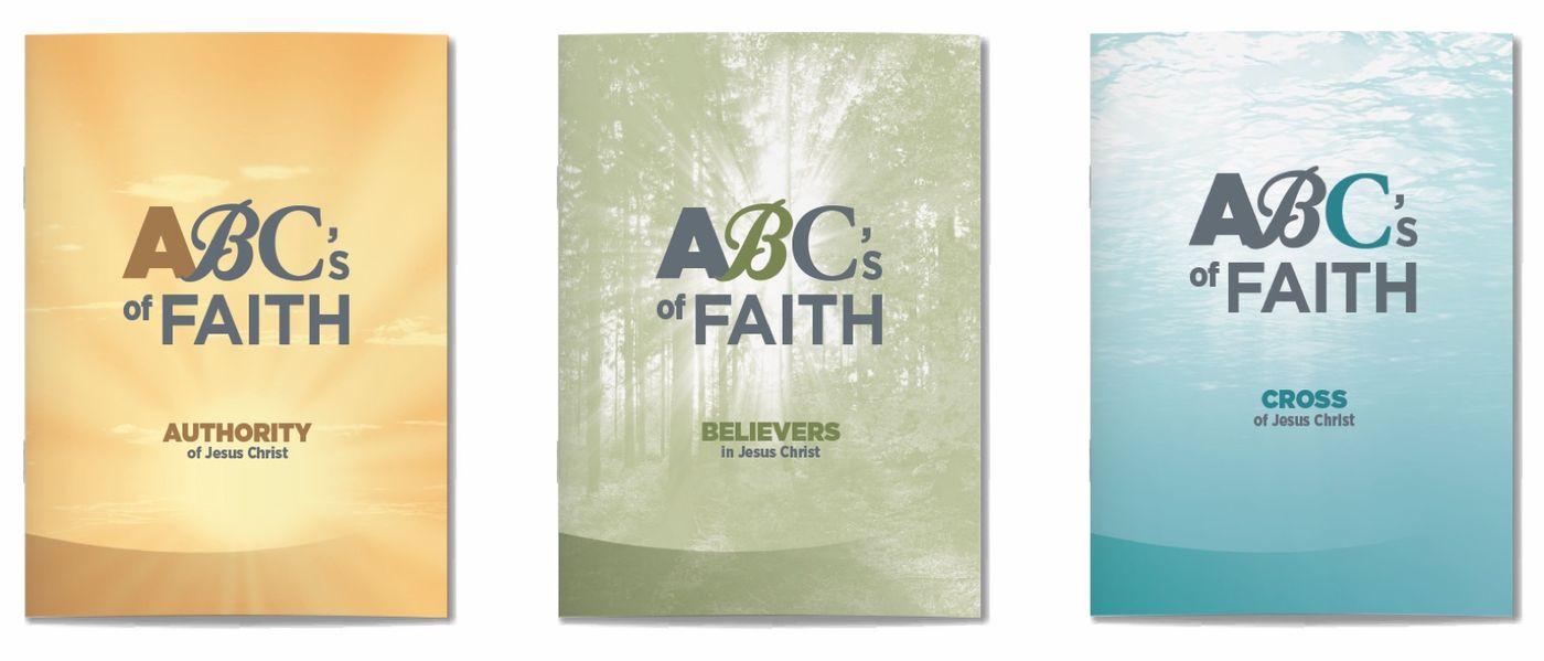 Three ABC's of Faith booklets side by side in gold, green and teal sunrise gradients.