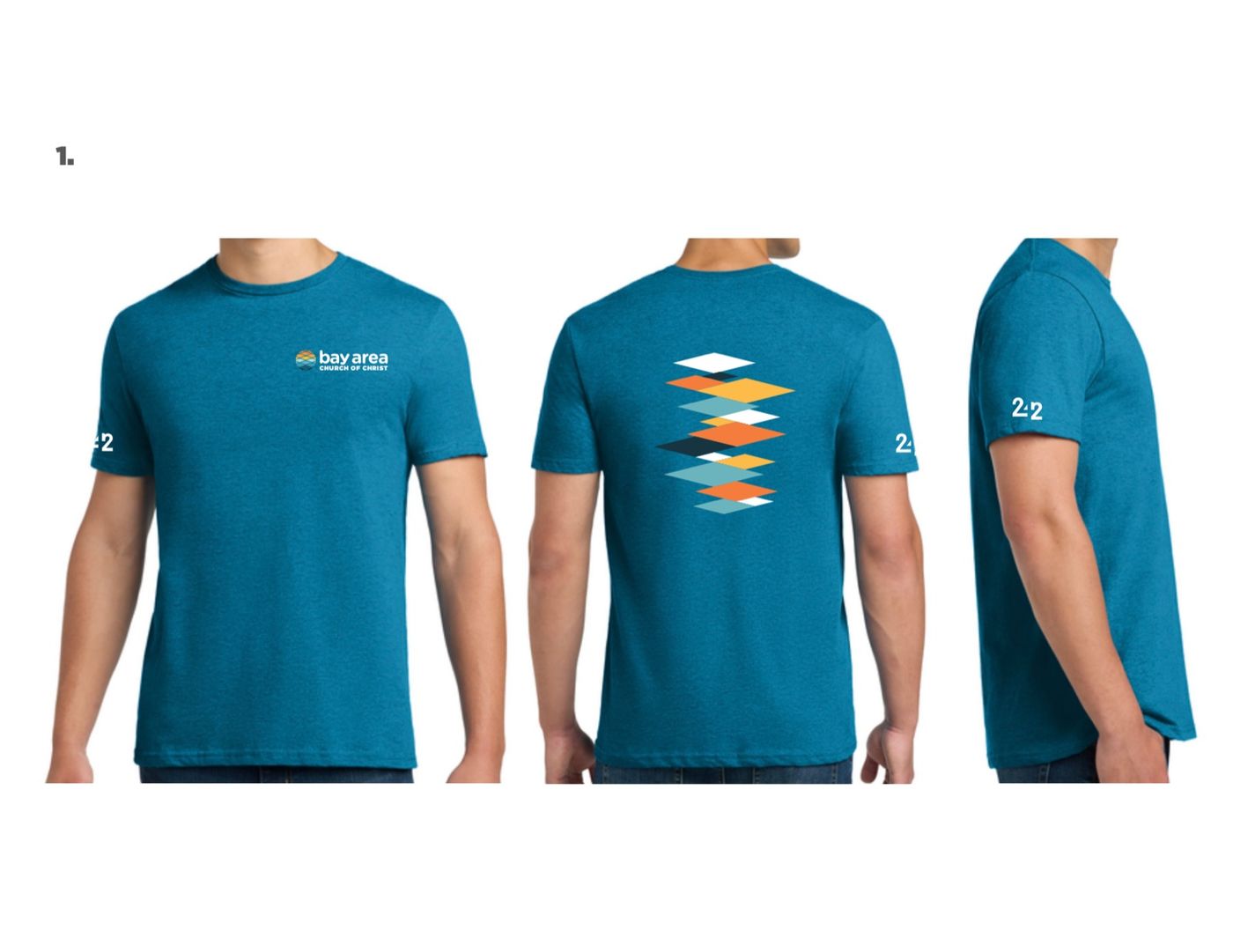 Heather teal t-shirt shown front, back and side, with a stacked diamond motif across the back.