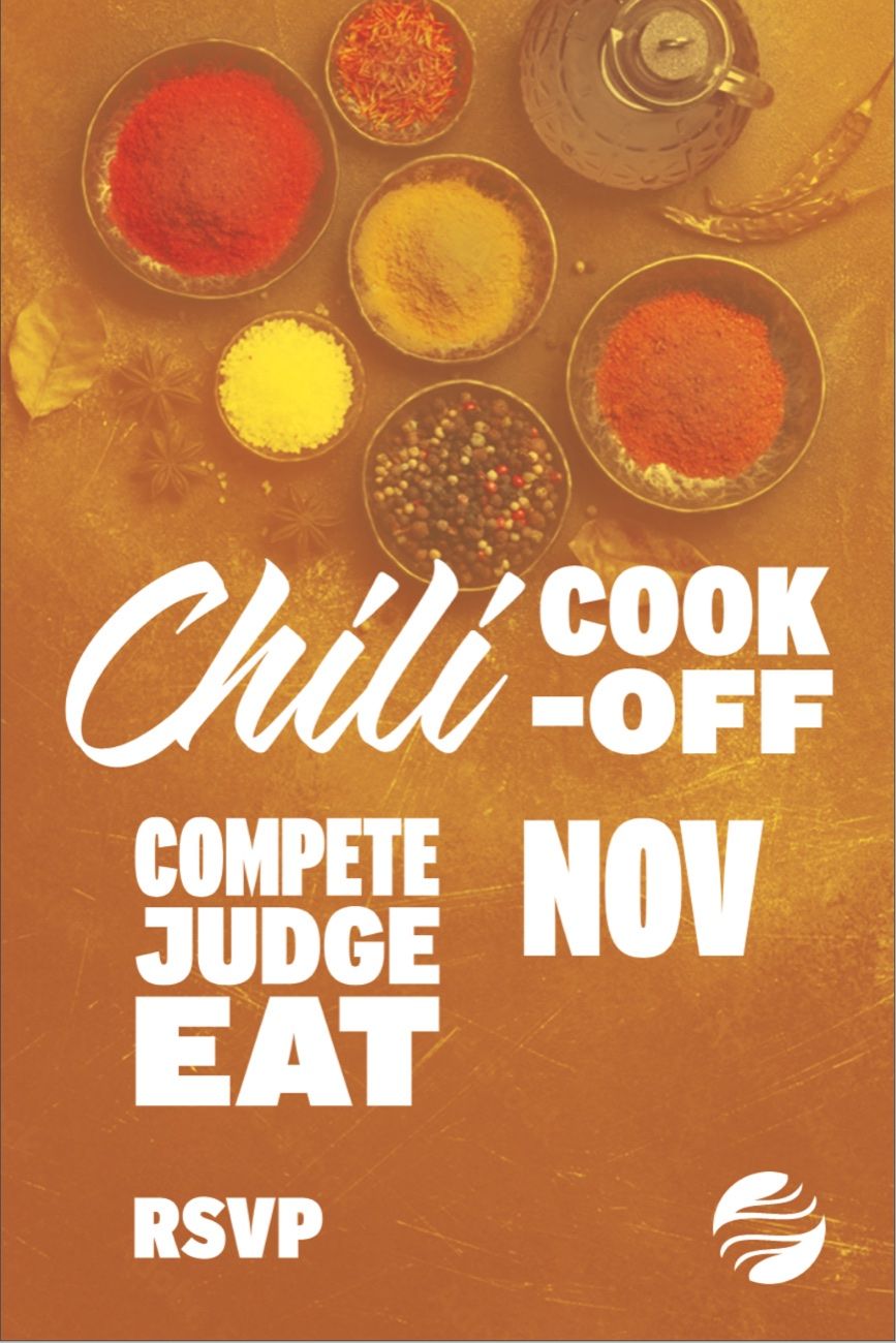 Chili Cook-Off poster: bowls of spices shot from above under brush script and condensed caps.