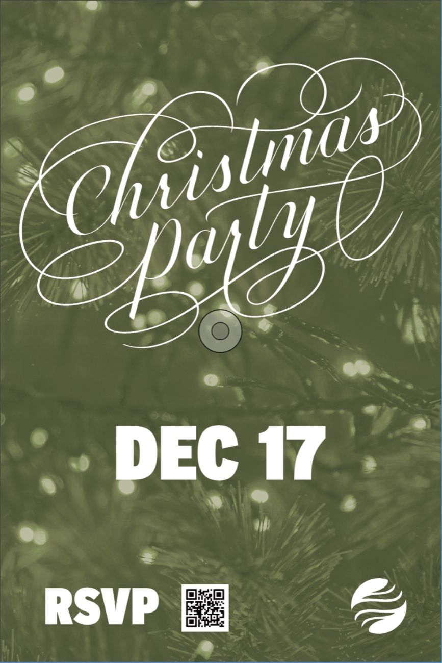 Christmas Party poster: flowing script over a green pine and bokeh-light background.