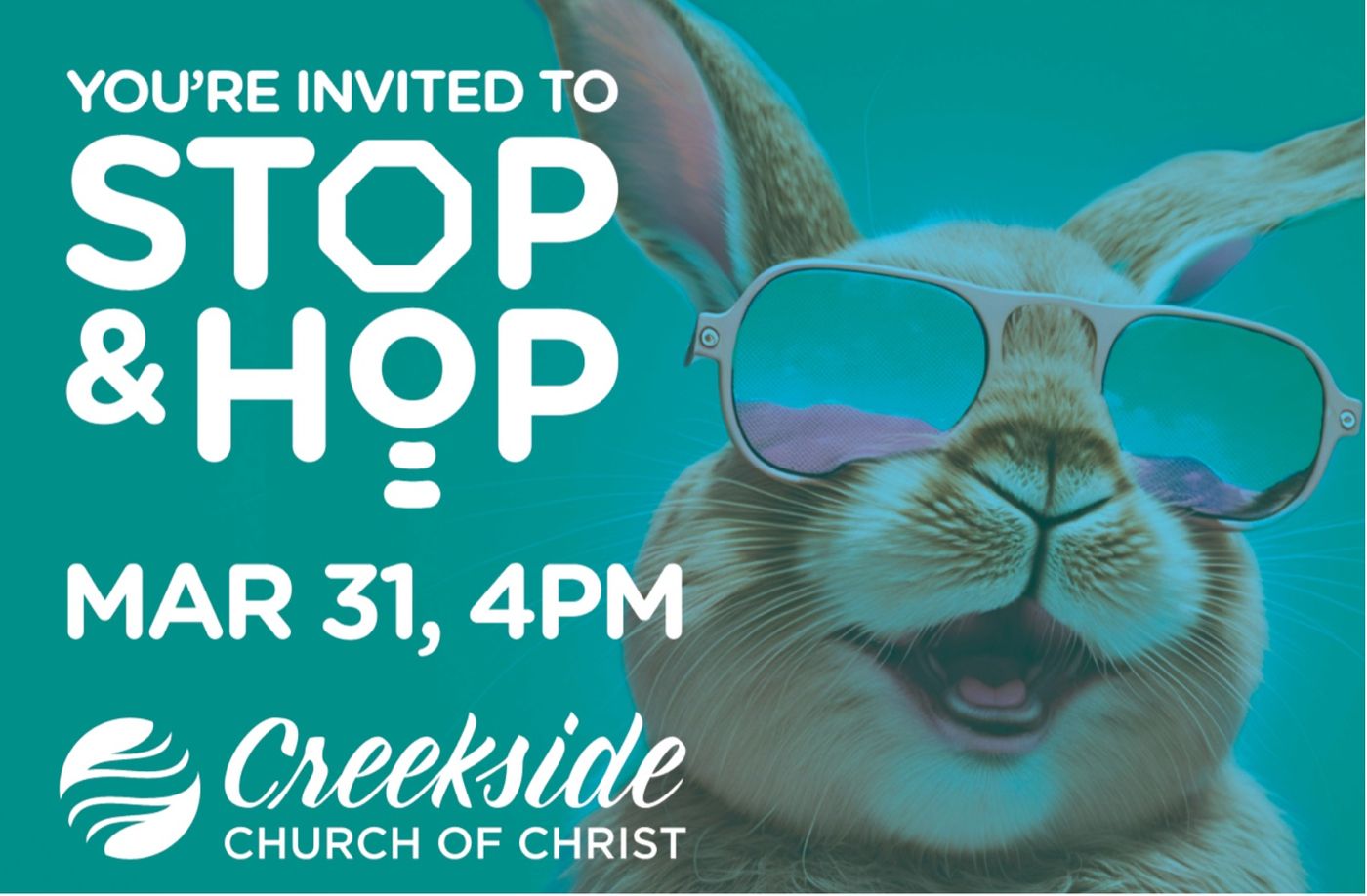 Stop and Hop invitation: a rabbit in mirrored sunglasses on teal, beside rounded display lettering.