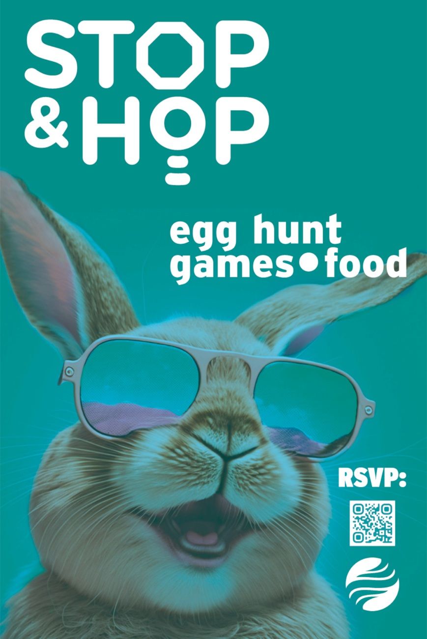 Stop and Hop poster: the sunglassed rabbit filling the lower frame under egg hunt, games and food.