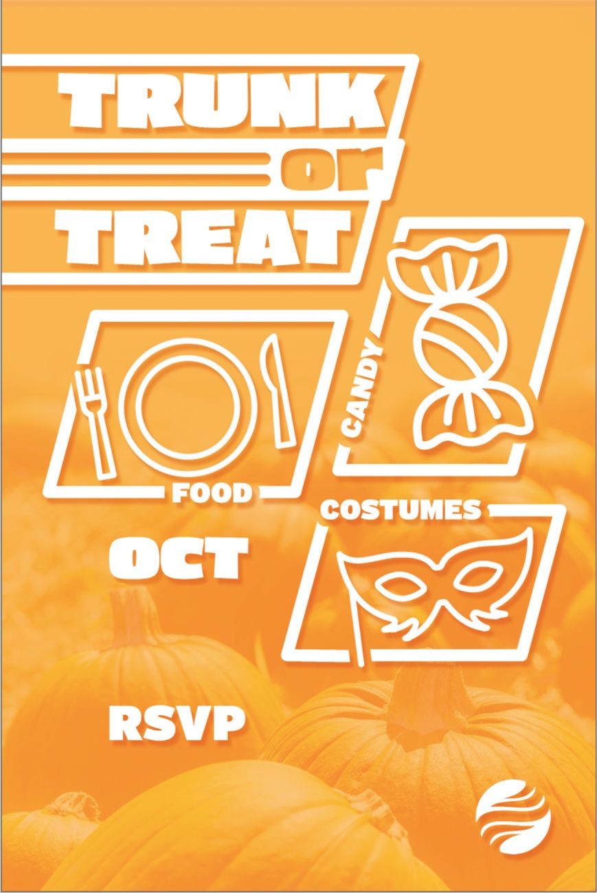 Trunk or Treat poster: white outlined icons and slanted lettering over an orange pumpkin field.