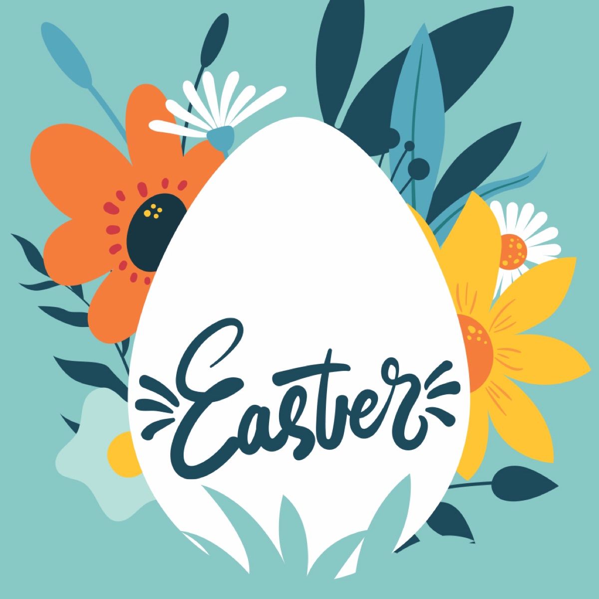 Easter on Faith Lane: a white egg lettered in brush script, framed by flat-illustrated flowers on teal.