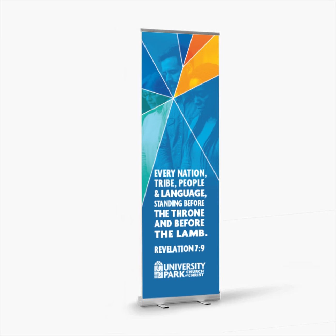 Second retractable banner option, the starburst rotated so the warm panels fall top right.