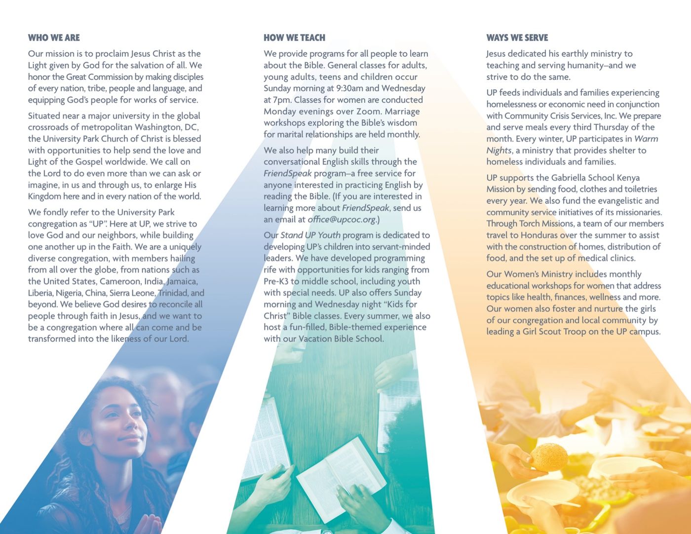 Welcome brochure inside spread: three columns of copy over shafts of blue, teal and gold light.
